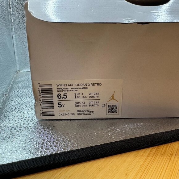 Size 6.5W/G5Y Air Jordan 3 Retro White Red Lucky Green Athletic Shoes CK9246-136 - Picture 8 of 8